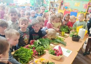 Dzieci oglądają warzywa ułożone na stole.