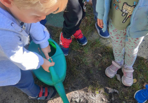 Dzieci podlewają posadzone rośliny.