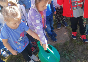 Dzieci podlewają posadzone rośliny.