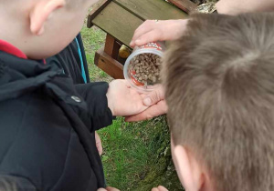 Nauczyciel nakłada dzieciom na rękę jajeczka pszczół.